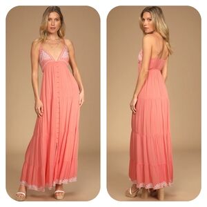 Lulu's Those Summer Days Coral Pink Sleeveless Embroidered Maxi Dress Small